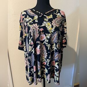 Floral Paisley Cap Sleeve V-Neck Plus Size Blouse